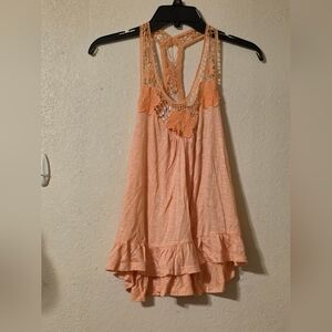 Peach Sleeveless Lace Top with Floral Accents
